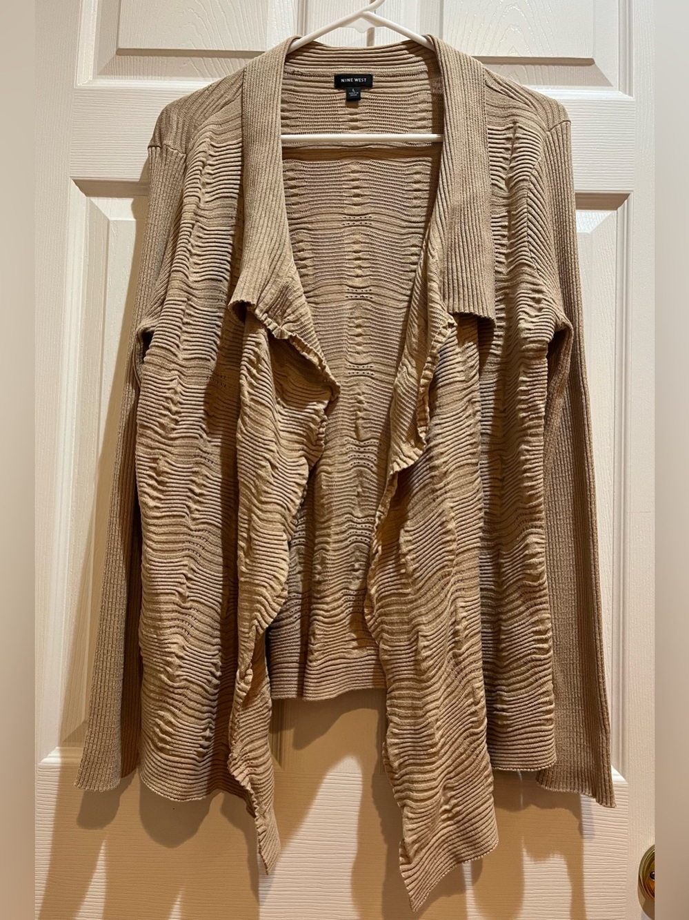 Nine West Taupe Ribbed Open-Front Waterfall Cardigan